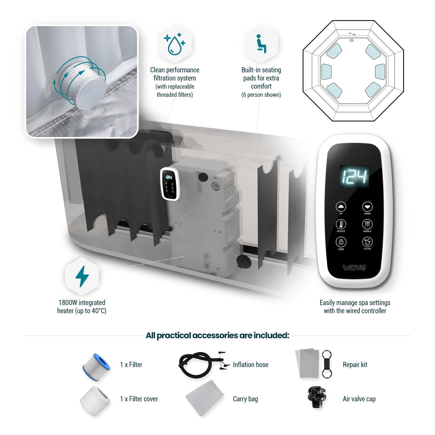 Aegean | 6-Person Inflatable Hot Tub | Integrated Heater | UKCA