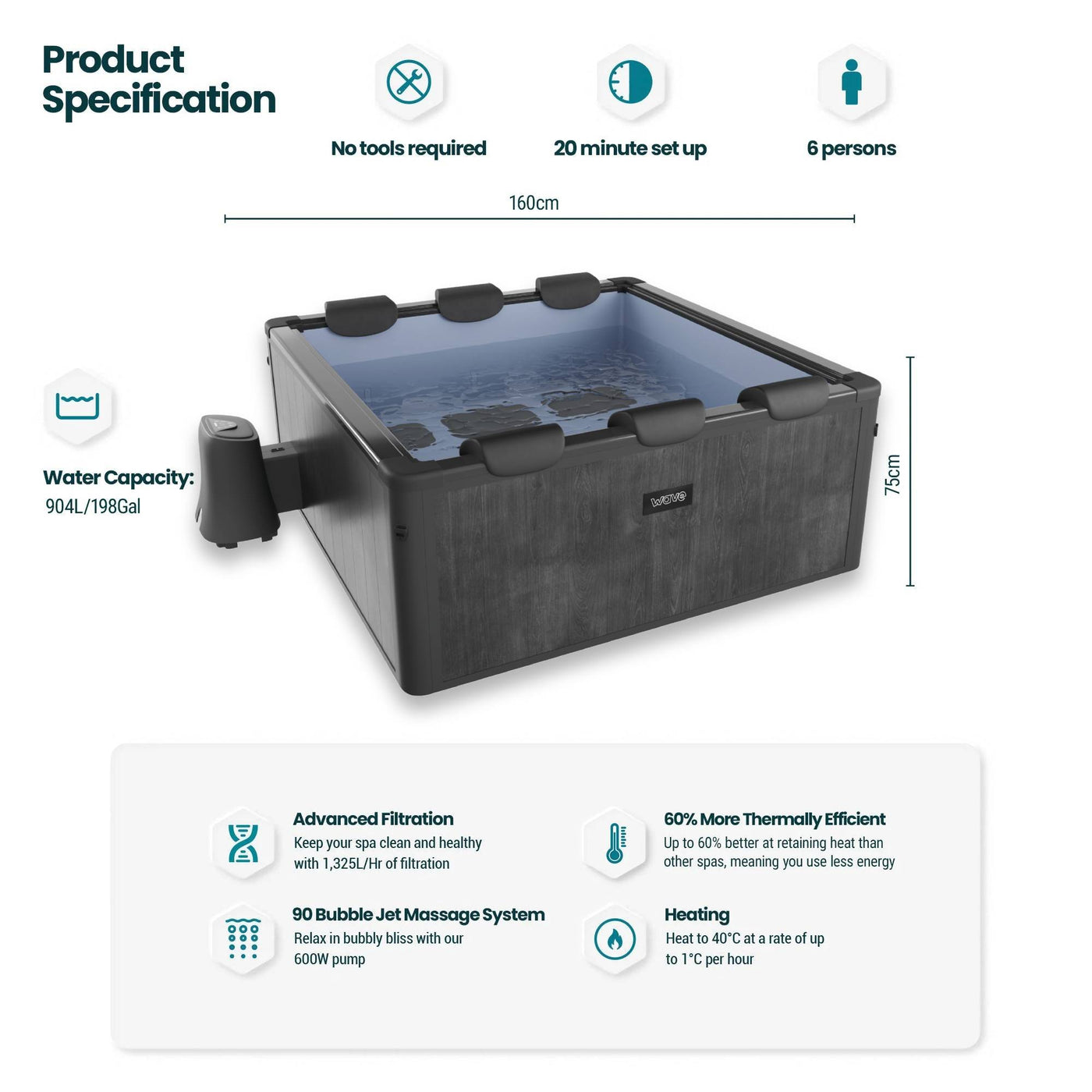 Adriatic | 6 Person Square Aluminium Frame Hot Tub | Black Wood | UKCA